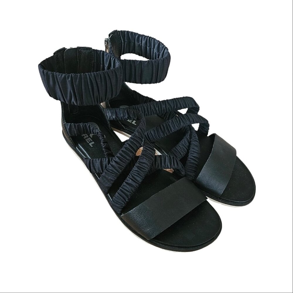 SOREL Black Ella Ankle Strap Open Toe Leather Sandals